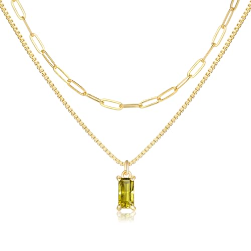 Pls Back Dainty Gold Charm Necklaces for Women Non Tarnish 14K Trendy Blue Green Cubic Zirconia Emerald Pendant Birthstone Necklaces Birthday Gifts for Women Waterproof Jewelry August(Peridot)