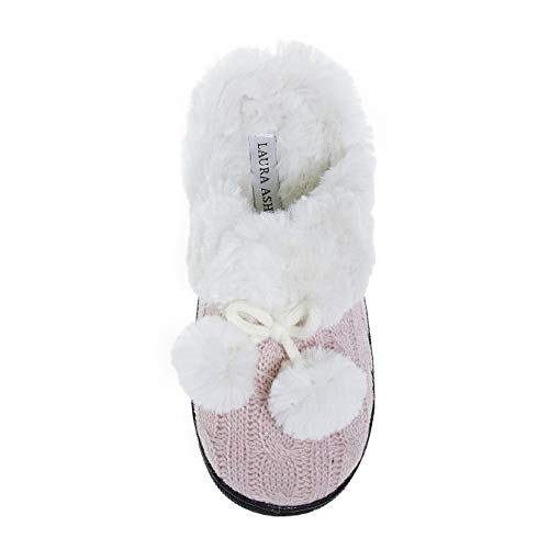 Laura Ashley Girls Rugged Faux Fur Knitted Slip-Ons with Poms Pink Size 11/12