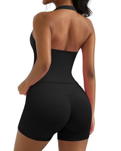 OMKAGI 2 Piece Workout Sets for Women Halter Sports Bra Tank Gym Biker Shorts Outfits