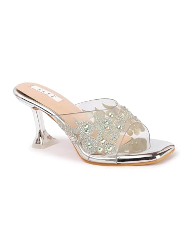 Image of ELLE women's Square Toe Spool heel Embellished Strap Slip-On Sandal