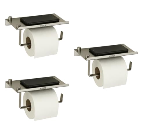 Image of Force Toilet Paper Holder with Shelf - Pack of 3 - Wall Mounted Rustproof Stainless Steel Bathroom Tissue Roll Holder with Raised-Edge Storage Shelf - Matte Finish - Modern & Durable Design