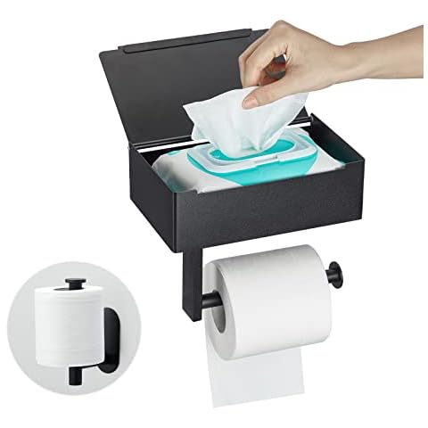 Toilet Paper Holder with Shelf, Flushable Wipes Dispenser and Storage for Bathroom, Matte Black Stainless Steel Wall Mounted Toilet Paper Roll Holder, Bathroom Tissue Roll Holder with Shelf Cover
