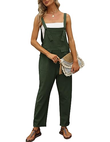 Vanchenl Damen Lose Baumwolle Leinen Overalls Sommer Casual Baggy Verstellbare Jumpsuits Strampler Haremshose Armeegrün ...