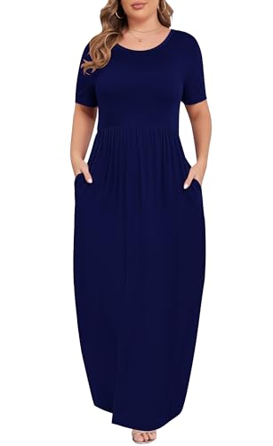 Image of KARALIN Women Plus Size Maxi Dress Short Sleeve Round Neck Loose Fit A-Line | Plus Size Long Dress,Summer Casual Maxi Dresses,Short Sleeve,Side Pockets,Round Neck,Elastic Waist,14 Plus - 26 Plus