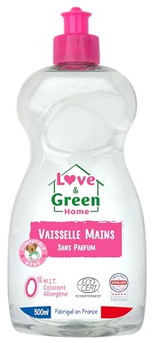Love & Green Home Liquide Vaisselle mains écologique certifié Dermatest et Ecodétergent par Ecocert. Sans parfum - Compatible bébé - Fabriqué en France -...