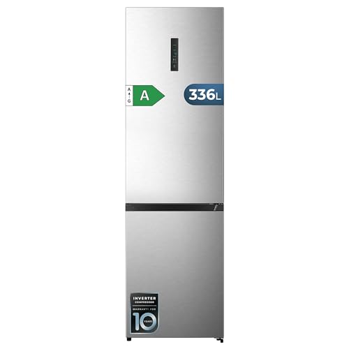 Cecotec Frigorífico Combi Total No Frost 336L Bolero CoolMarket Combi 336 Inox A. 201cm Alto, Apertura 90º, Fresh Flex, Humidity Flex, Compresor Inverter Plus, Bajo Consumo, Multi AirFlow, Modo Smart