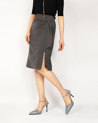 YODEKS Grey Ankle Strap Heels for Women Gray Slingback Heels Closed Pointed Toe Stilettos High Heel Beaded Dress Shoes 3.5 Inch for Club Night Out Cocktail Formal Work Size 8.54