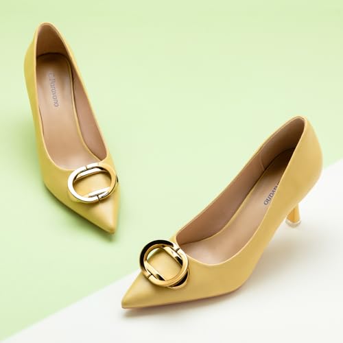 C.Paravano Luxury Metal Accent Stiletto Heels | Business Meeting & Wedding Shoes | Memory Foam Comfort | Slip-Resistant Work & Cocktail Pumps(Yellow,Size 10.5)2