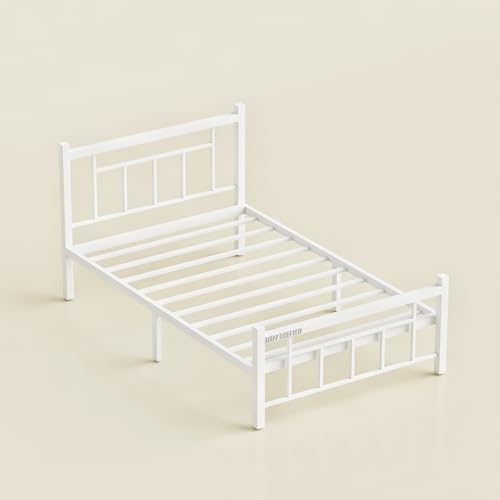 Image of Single Size Metal Bed Frame | SingleMetal Bed for Adults | Heavy Duty Iron Bed | Steel Bed Single | Single Metal Cot | Platform Bed | White MetalBed | Strong Steel Slats | No Box Spring Needed