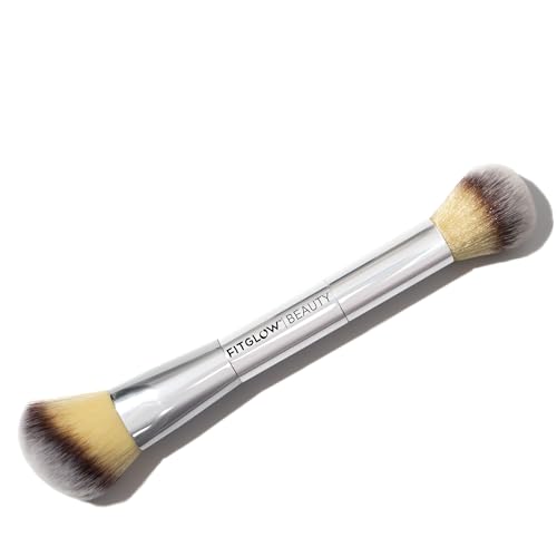 Fitglow Beauty Vegan Teddy Double Cheek Brush | Double-Ended Makeup Brush for Blush, Bronzer & Contour | Seamless Powder & Cream Blending | Flawless, Airbrushed Finish | Cruelty-Free