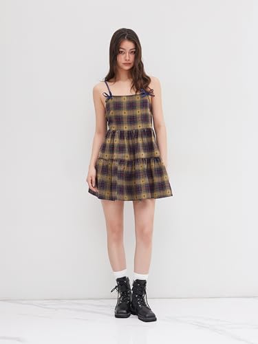 CIDER Mini Dress Plaid Square Neck Bowknot High Waist Woven Tartan Party Dress4