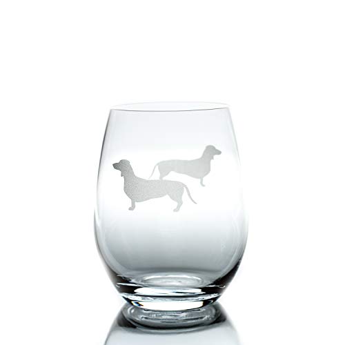 Greenline Goods Dachshund Stemless Wine Glasses (One Glass) - Weiner Dog Lovers Gifts for Him and Her - Hand Etched 2-Sided Silhouette with Breed Name on the Bottom