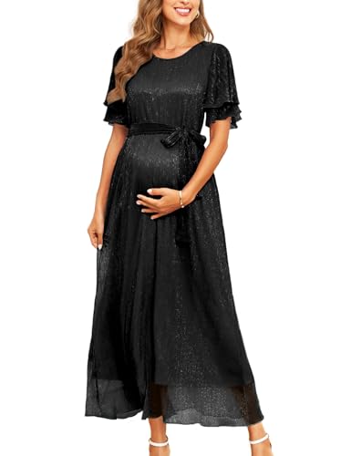 AISWI 2025 Maternity Sparkly Mesh Maxi Flowy Dress with Belt