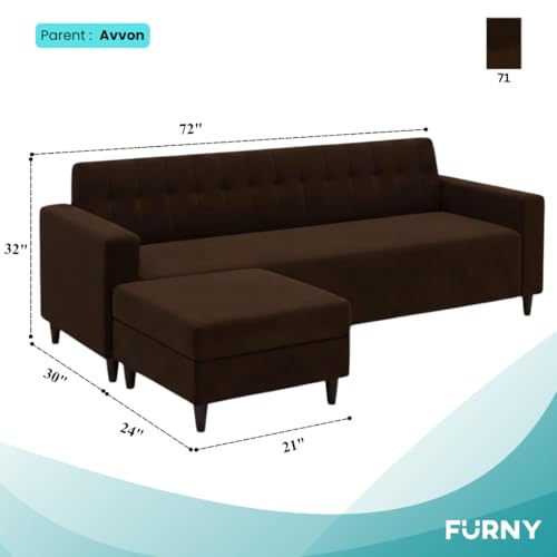 Image of FURNY Luxe 4 Seater L Shape Sofa Set with Movable Ottoman | Flexible Left or Right Layout | Plush Velvet Fabric (Dark Brown-Cream) | Perfect for Living Room, Guest Room & Office