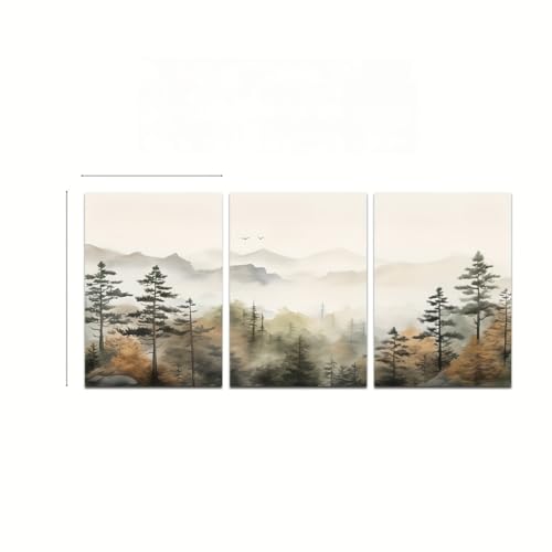 Décoration murale salon lot de 3 peintures sur toile forêt pin encre chinoise