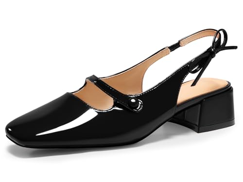 Coutgo Womens Mary Jane Shoes Slingback Chunky Low Heels Bow Closed Square Toe Pumps Wedding Party Dress Shoes