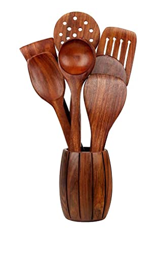 Image of Wooden Spoon for Cooking and Serving (Set of 7 (with Holder))