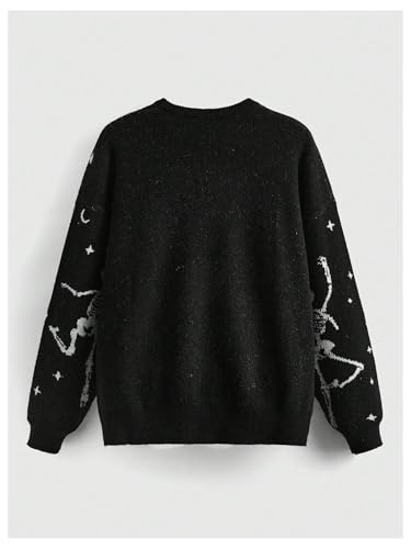 WDIRARA Women's Gothic Skull Pattern Sweater Crew Neck Long Sleeve Pullover Knitted Top2