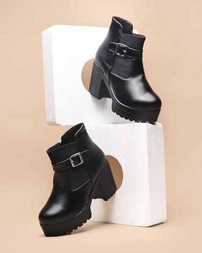Image of JM LOOKS women Stylish Women's Block Heel Ankle Boots with Buckle Strap, Platform, and Comfortable Sole
