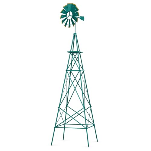 GYMAX Mulino a Vento da Giardino da 253 CM, Girasole a Vento in Metallo Robusto a 4 Zampe con Paletti per il Terreno, Struttura a Forma di X, Girevole a Prova d'Acqua Decorativo (Verde)