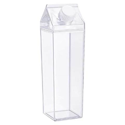 MiawPay Milk Carton Water Bottle 17oz (500mL) Plastic Clear Square Milk Bottles No BPA Leakproof Water Bottle Portable Reusable Milk Carton Shaped Juice Bottle Perfect for Fitness Gym Camping Sports Cover