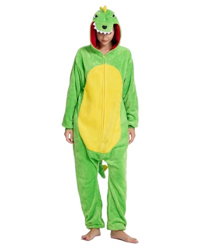 Solvienne Unisex Adult Animal Onesie Pajamas, Men Women Flannel Dinosaur Halloween Cosplay Costume(Dinosaur, M)