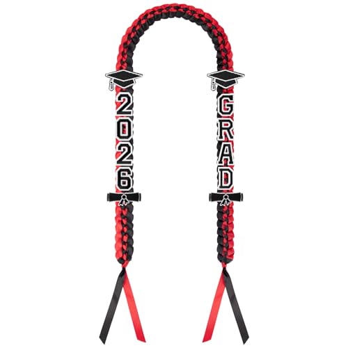 Tivddikun Graduation Leis 2026, Class of 2026 Grad Ribbon Leis with Pins, Grad Necklace Handmade Braided Necklace, Graduation Gifts for Women and Men (Black & Red)