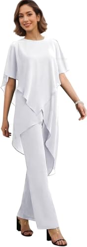 OERPPTA 2 Pieces Grandmother of The Bride Pant Suits Chiffon Pant Suits for Curvy Women White Wedding Guest Pantsuit US 14