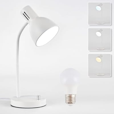chaotack Metal Small White Desk Lamp,Adjustable Goose Neck Desk Lamps for Home Office Study Room Desks Bedroom Bedside Table Lamp with Free 7W LED Bulb,Eye-Caring Reading Lamps