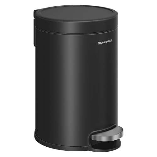 SONGMICS Cubo de Basura de Baño, 3 L, Cubo de Acero con Tapa de Cierre Suave, Cubo Interior, para Residuos, Dormitorio, Negro Tinta LTB013BZ01