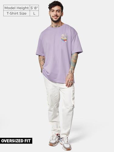 Image of The Souled Store TSS Originals: Relaksa Mens and Boys Half Sleeves Cotton Lavender Color Men Oversized T-Shirts