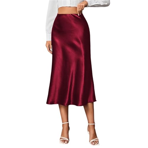 Genérico Falda Midi de satén de Cintura Alta para Mujer. Falda Ligera, Sedosa y Suave, Ideal para Llevar a Diario, al Trabajo o a una Fiesta.(Vino,XS)