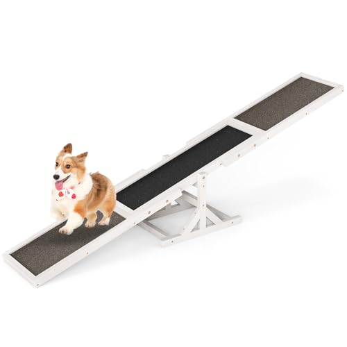 PETSITE Wooden Dog Agility Seesaw, Dog Exercise & Play Set, Outdoor Run Game Toy, Climbing Platform Balance Training Equipment, Weatherproof Pet Supplies for Backyard Obstacle Courses (White)