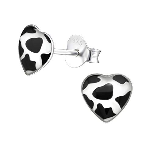 PTN Cow Print Heart Earrings Black and White Earrings Studs Small 925 Sterling Silver (E31705)