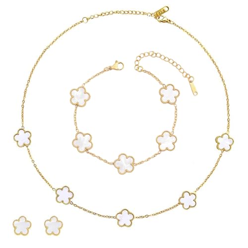 ZhouWei 4 Pièces Ensemble de Bijoux Trèfle à Quatre Feuilles, Réglable Bracelet Trèfle à Cinq Feuilles Bijoux Acier Inoxydable Femme Sets Plated Cinq...