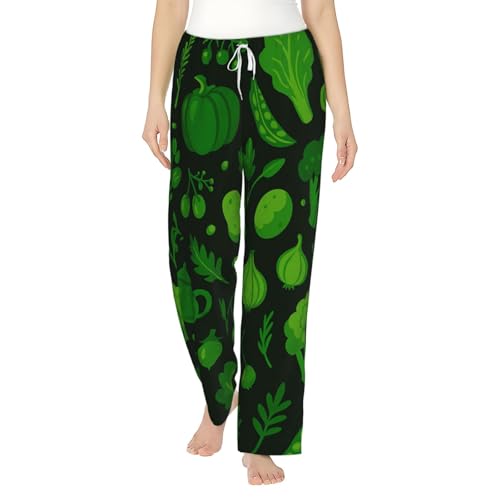 Pantalon de pyjama en polaire vert femme motif végétal, bas de nuit chaud et pantalon flanelle