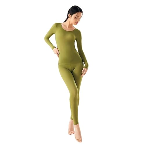 HUBGFEQ 2Pcs Set Women Thermal Underwear Long Sleeves Bottoming Shirt Pullover Elastic Ladies Thermal Suits-Green-L(45-65Kg)