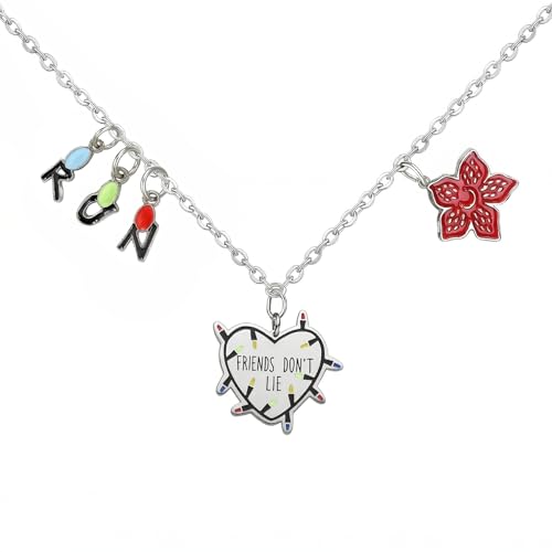 BECKWJE Retro 80s Supernatural Stranger TV Necklace for Women - Friends Dont Lie Heart & Alphabet Wall Message Pendant 18+2 Stainless Steel Jewelry Gift