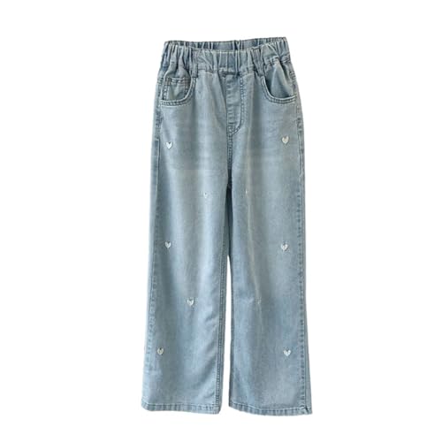 Girls Heart Print Baggy Denim Pants Wide Leg Elastic Waisted Jeans Kids Straight Leg Casual Trousers with Poket