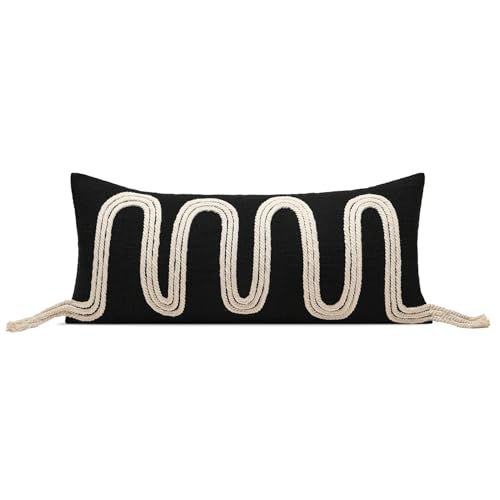 AIBU HOME Black Decorative Lumbar Pillow Cover 12x28, Handwoven Boho Long Body Pillowcase, Farmhouse Linen Cotton Pillow Cushion Case for Sofa, Bed, Living Room, Bedroom