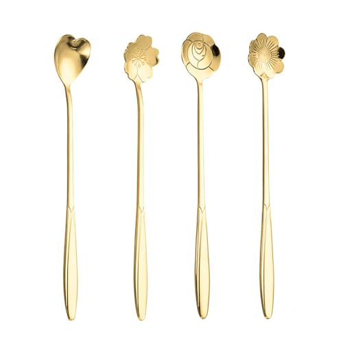 SHLWYG Edelstahl-Löffel-Set - 4 Kreative Lange Löffel Mit Kirschblüten- und Blumenmuster, Goldene Kaffeelöffel