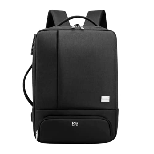 MS Life - Zaino grande antifurto, reversibile, ultra resistente, per uomo e donna, impermeabile - PC da 15,6" - Con scomparto per scarpe e porta USB - Viaggio, lavoro, scuola, bicicletta, Nero