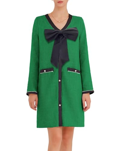 Women's Tweed Bow Mini Dress Long Sleeve V Neck Button Down Elegant Business Work Dress