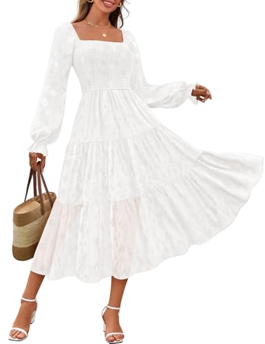 MEROKEETY Women's Fall Long Sleeve Floral Midi Dress Smocked Ruffle Tiered Square Neck Wedding Guest Dresses Pockets