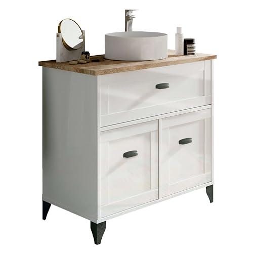 Muebles Pitarch | Mobile da bagno con lavabo in ceramica incluso, 80cm, con piedi, cassetto a chiusura lenta, 2 porte, per lavabo da appoggio, Bianco e Rovere Cambrian, Vintage,