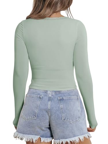 PINKMSTYLE Women's Sexy V Neck Lace Tops Tight Double Lined Fashion Casual Long Sleeve Shirts Party Clothes Fall Tops Turquoise XX-Large — view 5