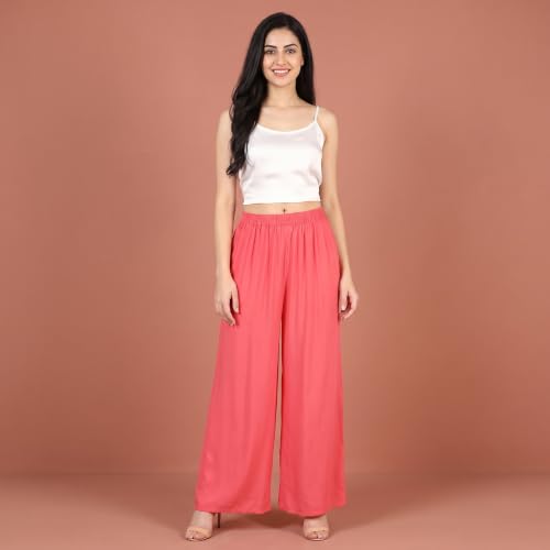 Image of FASHION GALLERY Women's Solid Rayon Palazzo Pants | Relaxed Fit Full Length Wide Leg Palazzo | Elastic Waist Comfortable Casual Lounge Office Ethnic Flared Trousers for Women