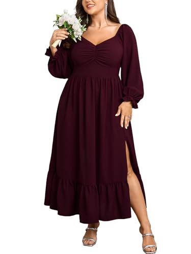 SCOMCHIC Womens Plus Size Cocktail Wedding Guest Dress Sweetheart Neckline Long Sleeve Smocked Ruffle Slit Maxi Dresses
