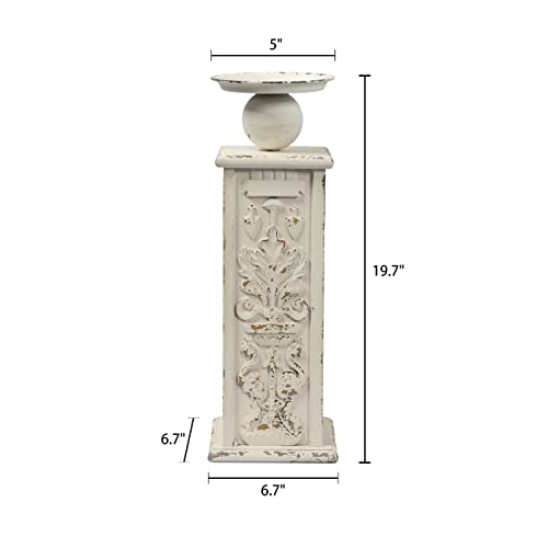 18" Tall Floor Candle Holders For Pillar Candles, Handmade White Large Solid Wood Candle Holder Handcarving Distressed Finish, Decorative Farmhouse Candle Stand For Home Wedding Housewarming Decor #TOP2