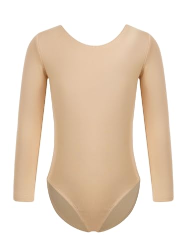 TTAO Kids Girls Fleece Long Sleeve Nude Leotard Gymnastics Ballet Dance Undergarment Bodysuit Dancewear Nude Round Neck 3-4 Years